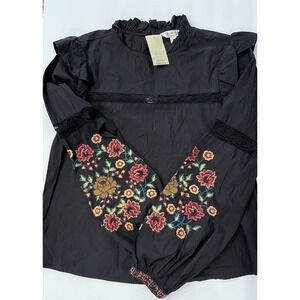 NWT Miss Selfridge‎ Black Cotton Blouse US Size 2 Embroidered Sleeves Ruffled